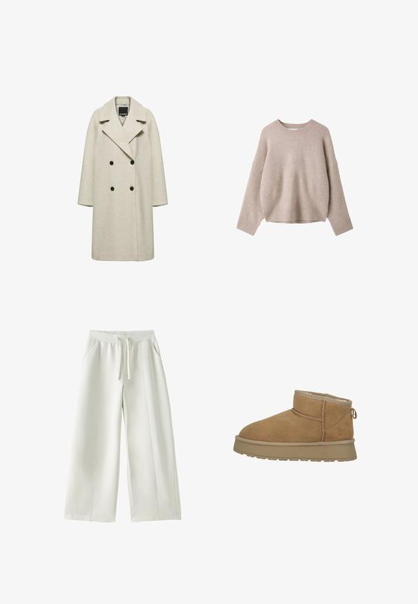 Lange beige wollen jas met dubbele knoopsluiting, brede revers en vier zwarte knopen, getoond op een effen witte achtergrond.; Beige wollen trui met lange mouwen, geribde ronde hals, manchetten en zoom, getoond op een witte achtergrond.; Witte broek met brede pijpen, elastische tailleband, trekkoord aan de voorkant, zijzakken en zichtbare naaddetails op een effen achtergrond.; Bruine suede enkellaars met zachte bontvoering, ronde neus en een platte rubberen zool. Heeft een decoratieve naad en een trektab aan de hiel.