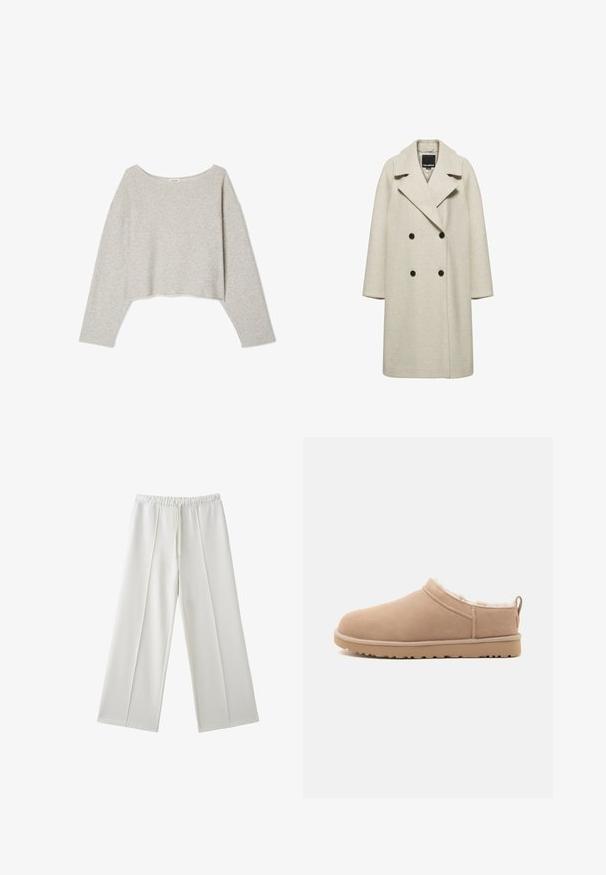 Lang beige dobbeltbrystet uldfrakke med brede revers og fire sorte knapper, vist på en ensfarvet hvid baggrund.; Lys grå, cropped sweater lavet af blød stof, med en bred udskæring og lange ærmer i en afslappet pasform. Syet kantdetalje.; Hvide bukser med brede ben, elastisk talje og snøre, med sømdetaljer ned foran på hvert ben.; Beige slip-on tøfler med blødt ruskind yderside, blødt hvidt pelskørselindlæg og gummisål med traktion mønster, vist i sideprofil.