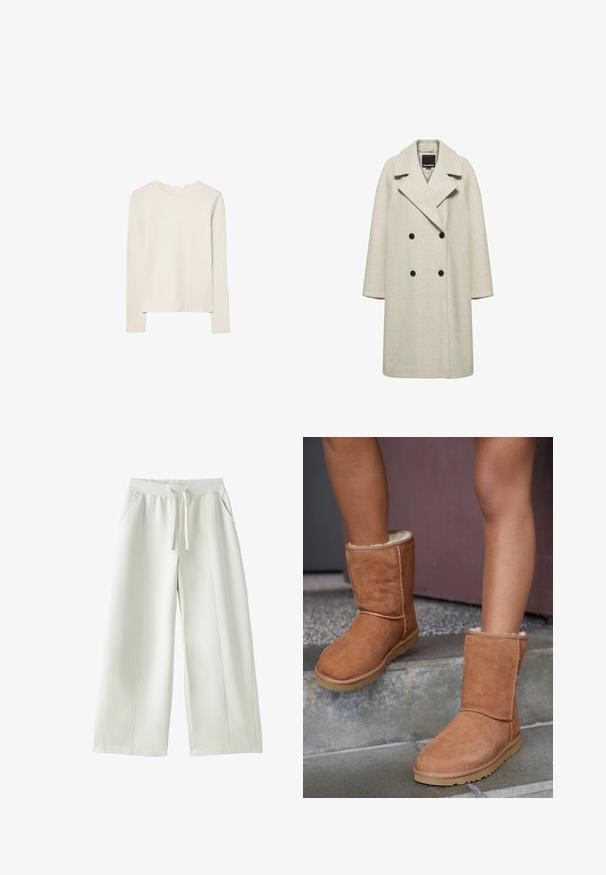 Long manteau en laine beige à double boutonnage avec larges revers et quatre boutons noirs, présenté sur un fond blanc uni.; Haut beige clair à manches longues en tissu doux, avec un col rond et une coupe décontractée, un ourlet droit et un minimum de détails de couture.; Pantalon blanc à jambes larges avec taille élastique, cordon de serrage à l'avant, poches latérales, et détails de coutures visibles sur un fond uni.; Bottines en suede marron, à bout rond, avec une doublure douce et une semelle en caoutchouc, présentant des détails de couture visibles le long des coutures.