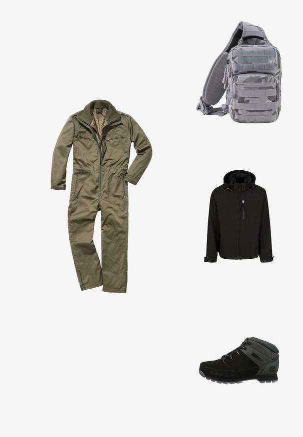Zwarte ritsjack met een capuchon, verstelbare trekkoorden, zijzakken en een gladde, gestructureerde stof. Heeft een staande kraag ontwerp.; Olijfgroene jumpsuit gemaakt van duurzaam weefsel, met een ritssluiting aan de voorkant, geribde kraag en meerdere met rits afsluitbare zakken op de borst en zijkanten.; Zwarte wandelschoenen met grijze synthetische accenten, een gevoerde kraag en vetersluiting. Geverfde bovenkant met logo-detail aan de zijkant.; Brandit US COOPER EVERYDAYCARRY-SLING - Schoudertas - blizzard camo