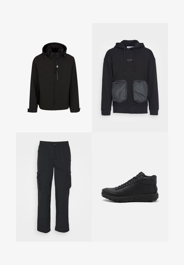 Schwarze Zip-Jacke mit Kapuze, verstellbaren Kordeln, seitlichen Taschen und einem glatten, strukturierten Gewebe. Verfügt über ein Stehkragen-Design.; Schwarzer Kapuzenpullover mit lässiger Passform, ausgestattet mit zwei großen Reißverschlusstaschen aus glänzendem Material auf der Vorderseite. Kleines Logopatch über den Taschen.; Schwarze Cargo-Hosen aus gewebtem Stoff. Mit verstellbarem Bund, Seitentaschen und zwei Utility-Taschen mit Reißverschlüssen.; Schwarze High-Top-Sneaker aus strukturiertem Leder, mit einer dicken Gummisohle mit Profil und Schnürdesign. Roter Akzent auf der Zunge.