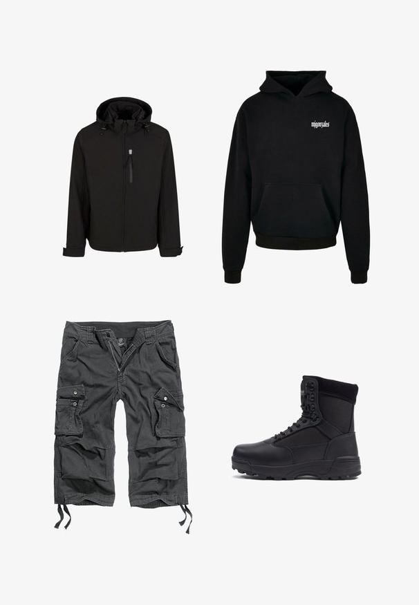 Schwarze Zip-Jacke mit Kapuze, verstellbaren Kordeln, seitlichen Taschen und einem glatten, strukturierten Gewebe. Verfügt über ein Stehkragen-Design.; Schwarzer Hoodie aus weichem Material mit einer Kängurutasche und verstellbarem Kapuzenzug. Auf der Vorderseite befindet sich ein weißes Textlogo in stilisierter Schriftart.; Schwarze Cargo-Shorts aus Baumwolle, mit mehreren seitlichen Taschen, einem Reißverschluss, verstellbaren Kordeln am Saum und einer lockeren Passform.; Schwarzer taktischer Stiefel mit einem glatten Lederoberteil und Stoffpaneelen, hoher Knöchelgestaltung, schnürbarem vorderen Teil und robustem Gummisohle.