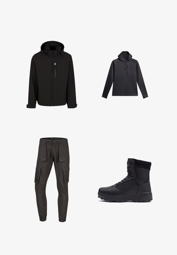 Schwarze Zip-Jacke mit Kapuze, verstellbaren Kordeln, seitlichen Taschen und einem glatten, strukturierten Gewebe. Verfügt über ein Stehkragen-Design.; Schwarzer Pullover mit Kapuze, ausgestattet mit einem Viertel-Reißverschluss auf der Vorderseite, Raglanärmeln und einer mit Reißverschluss versehenen Brusttasche; glatte Textur und sportliches Design.; Cargo-Hose aus dunkelgrauem Stoff mit mehreren Seitentaschen, einem verstellbaren Kordelzugbund und elastischen Bündchen. Strukturierte Oberfläche und praktisches Design.; Schwarzer taktischer Stiefel mit einem glatten Lederoberteil und Stoffpaneelen, hoher Knöchelgestaltung, schnürbarem vorderen Teil und robustem Gummisohle.