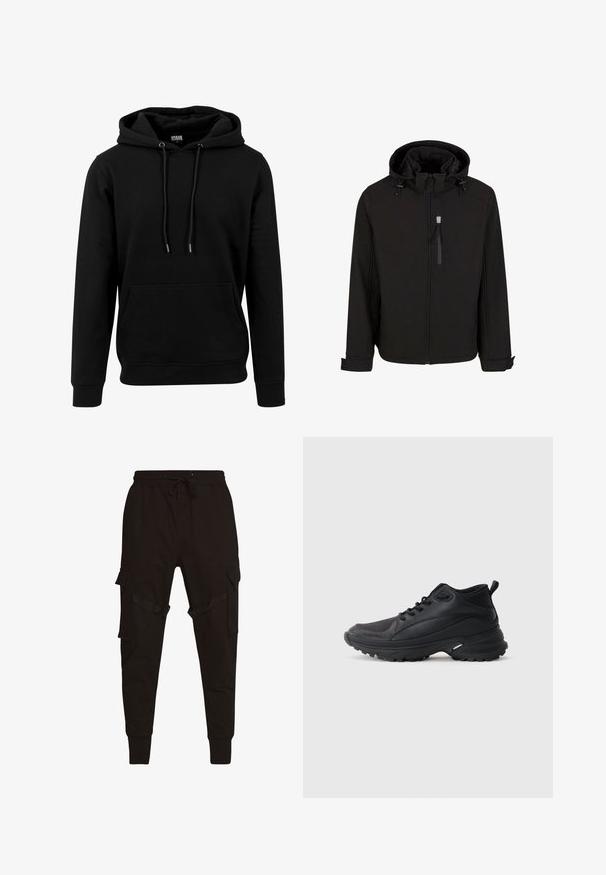 Schwarze Zip-Jacke mit Kapuze, verstellbaren Kordeln, seitlichen Taschen und einem glatten, strukturierten Gewebe. Verfügt über ein Stehkragen-Design.; Schwarzer Hoodie aus weichem Stoff, mit einer großen Fronttasche, Kordeln und gerippten Bündchen und Saum. Einfaches, einfarbiges Design.; Schwarze Cargo-Hosen mit einem Kordelzugbund, seitlichen Taschen und strukturierten Akzenten an den Cargo-Taschen und Riemen. Enganliegende Bündchen an den Knöcheln.; Schwarze Sportschuhe aus synthetischem Material. Ausgestattet mit einem gepolsterten Kragen, einer runden Spitze, einer robusten Laufsohle mit Profil und einem Markenlogo.