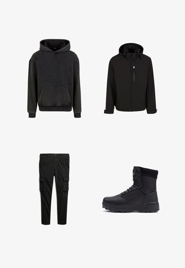 Zwarte ritsjack met een capuchon, verstelbare trekkoorden, zijzakken en een gladde, gestructureerde stof. Heeft een staande kraag ontwerp.; Urban Classics Hoodie - magnet; Zwarte cargobroek van katoen, met meerdere zijzakken, een ritssluiting en gestikte naden. Rechte pasvorm met een soepele textuur.; Zwarte tactical boot met een gladlederen bovenkant en stofpanelen, hoge enkelontwerp, vetersluiting aan de voorkant en robuuste rubberen zool.