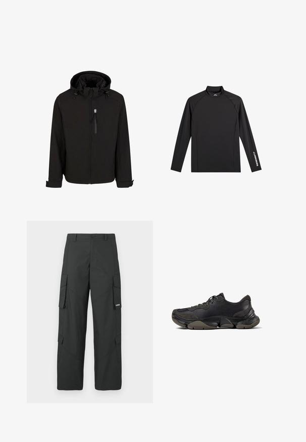 Zwarte ritsjack met een capuchon, verstelbare trekkoorden, zijzakken en een gladde, gestructureerde stof. Heeft een staande kraag ontwerp.; Zwart sporttopje met lange mouwen, opstaande kraag, slim fit en witte "J.Lindeberg"-logo op linkerarm en kraag.; Zwarte cargo broek met rechte pijpen, zijflapzakken, knoopsluiting, riemlussen en een klein wit logo op de flap van de rechterzak.; Zwarte sportieve sneaker met een gestructureerde zool, leren en suède bovenwerk, gevoerde kraag en vetersluiting, getoond in zijprofiel.