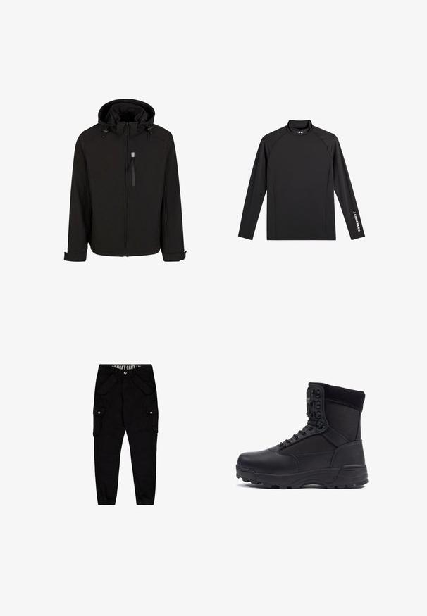 Schwarze Zip-Jacke mit Kapuze, verstellbaren Kordeln, seitlichen Taschen und einem glatten, strukturierten Gewebe. Verfügt über ein Stehkragen-Design.; Schwarzes Langarm-Sportoberteil mit Stehkragen, schlanker Passform und weißem "J.Lindeberg"-Logo am linken Ärmel und Kragen.; Schwarze Cargo-Hosen aus Baumwolle, mit mehreren Taschen, einer taillierten Passform und elastischen Bündchen an den Knöcheln.; Schwarzer taktischer Stiefel mit einem glatten Lederoberteil und Stoffpaneelen, hoher Knöchelgestaltung, schnürbarem vorderen Teil und robustem Gummisohle.
