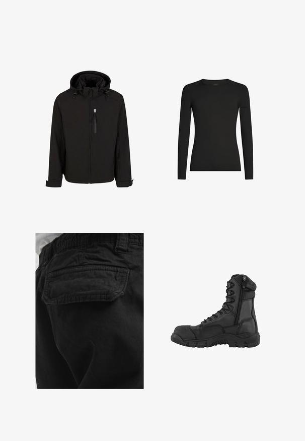 Veste noire zippée avec capuche, cordons de serrage réglables, poches latérales et un tissu lisse et texturé. Présente un design de col montant.; Chemise noire à manches longues, ajustée, avec col ras du cou, arborant un logo Icebreaker discret sur la manche gauche, présentée sur un fond blanc.; Poche arrière d’un pantalon noir avec rabat et coutures visibles, porté par une personne en chemise blanche.; Botte tactique noire au design haut de cheville, tige en cuir, laçage frontal, fermeture éclair sur le côté, embout renforcé et semelle en caoutchouc robuste.