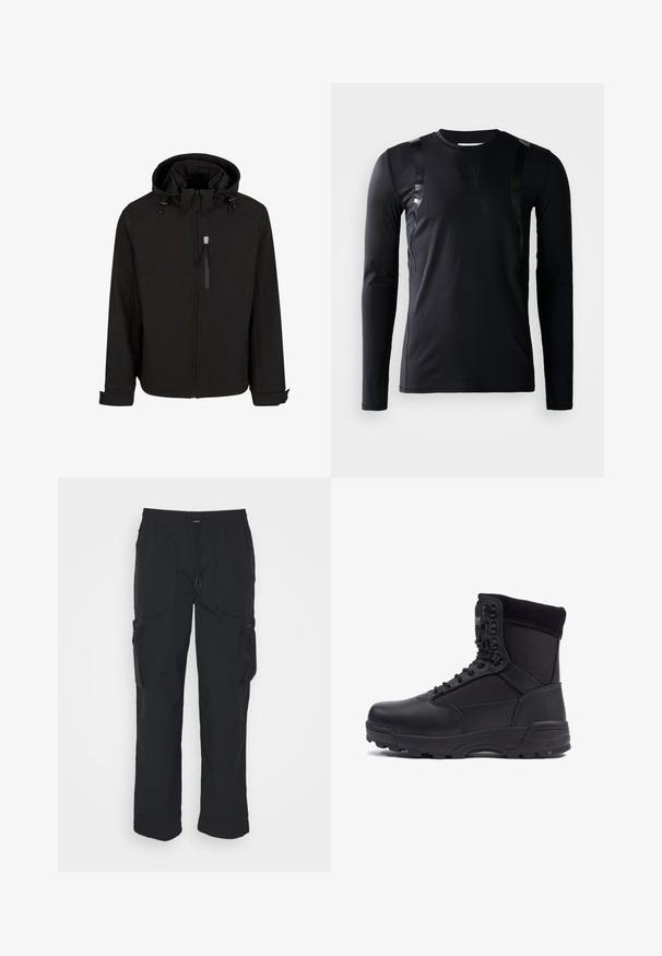 Chaqueta negra con cremallera y capucha, con cordones ajustables, bolsillos laterales y una tela suave y texturizada. Presenta un diseño de cuello alzado.; Camisa deportiva de manga larga negra hecha de un tejido suave y elástico. Presenta detalles en negro brillante en los hombros y un logo de Adidas en el pecho.; Pantalones cargo negros hechos de tejido tejido. Cuenta con una cinturilla ajustable, bolsillos laterales y dos bolsillos de utilidad con cremalleras.; Bota táctica negra con parte superior de piel lisa y paneles de tela, diseño de tobillo alto, cierre con cordones y suela de goma resistente.