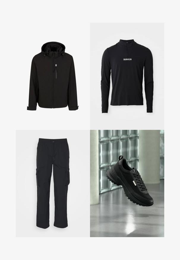 Schwarze Zip-Jacke mit Kapuze, verstellbaren Kordeln, seitlichen Taschen und einem glatten, strukturierten Gewebe. Verfügt über ein Stehkragen-Design.; Schwarzes Langarmoberteil mit hohem Kragen, ausgestattet mit einem Viertel-Reißverschluss und weißem "CALVIN KLEIN" Logo auf der Vorderseite. Glatter, elastischer Stoff.; Schwarze Cargo-Hosen aus gewebtem Stoff. Mit verstellbarem Bund, Seitentaschen und zwei Utility-Taschen mit Reißverschlüssen.; Schwarzer sportlicher Sneaker mit Mesh-Seitenteilen und dicker Sohle, der drinnen in der Nähe von Glasbausteinen und Säulen auf einem glatten Boden schwebt.