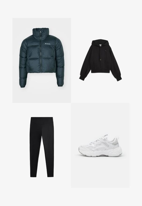 Veste matelassée courte, de couleur vert foncé, avec un col montant, une fermeture éclair complète et des poignets élastiques. Présente un logo sur la poitrine gauche et une texture matelassée.; Sweat à capuche noir à manches longues avec cordons, poignets et bas côtelés, et petit logo Puma sur la poitrine gauche.; Leggings noirs en tissu lisse et extensible. Dotés d'une taille large et d'un design de jambe fuselée, adaptés pour une utilisation active ou décontractée.; Baskets de sport blanches avec une tige en mesh, une languette rembourrée et une boucle sur la languette. Semelle en caoutchouc épaisse avec des détails texturés et des accents argentés.