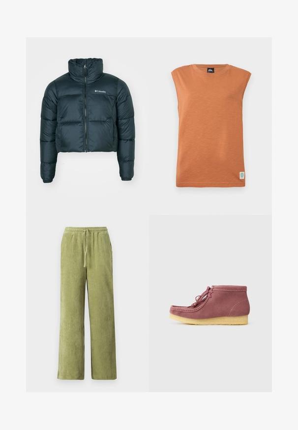Chaqueta acolchada corta de color verde oscuro con cuello alto, cremallera completa y puños elásticos. Presenta un logo en el lado izquierdo del pecho y una textura acolchada.; Camiseta sin mangas de color naranja en una suave tela texturizada. Escote redondeado con un pequeño parche de logo en la esquina inferior izquierda.; Pantalones de pana verde con un diseño de pierna ancha, cinturilla elástica y detalle de cordón. Las líneas verticales en la tela crean textura.; Botas de tobillo de ante rosa con puntera redondeada, diseño de cordones y suela de goma amarilla en contraste. Costuras a lo largo del borde para mayor detalle.