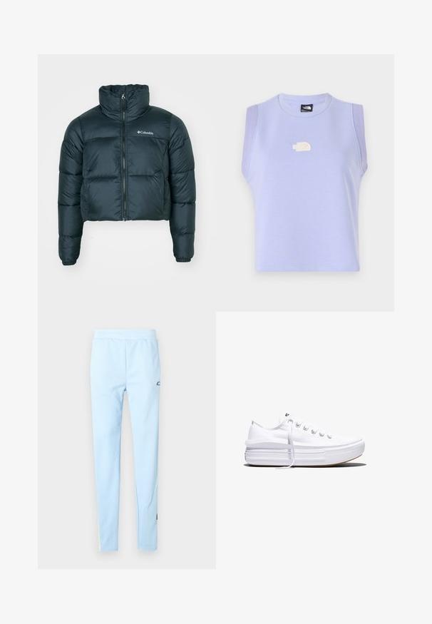 Tume roheline lühike puhv jacket kõrge kraega, täispikk tõmblukk ja elastsed mansetid. Omab logo vasakul rindkerel ja tikitud tekstuuri.; Lilla ilma varrukatega lühike topp, mis on valmistatud pehmest materjalist, ümarate kaelustega ja kitsa tikandiga logoga ees.; Heledad sinine spordipüksid, millel on sile tekstuur, elastne vöökoht ja peen muster. Omavad logo puusa lähedal ja värvilisi aktsente ääres.; Valge madala lõikega lõuendijalanõu, millel on paks platvormpõhi, ees nöörimine ja kummist tekstuuriga varbakate, kujutatud külgvaates.
