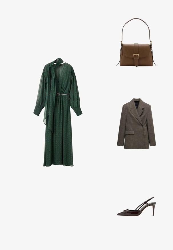 Blazer marrón de un solo botón con solapas entalladas, bolsillos con solapa y un corte ajustado.; Largo vestido verde con un estampado floral, que presenta un lazo en el cuello, mangas voluminosas y un cinturón que acentúa la cintura. Hecho de tela ligera.; Tacón de tiras traseras puntiagudas de charol negro con una hebilla decorativa y finas correas para el tobillo.; Bolso de hombro de cuero marrón con solapa frontal y hebilla dorada, con una correa ajustable con herrajes dorados sobre fondo blanco.