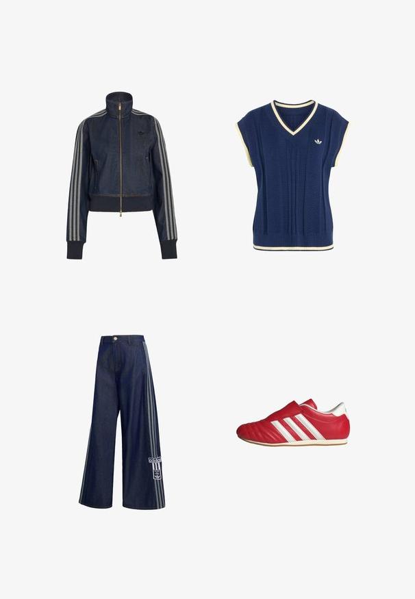 Donkerblauwe denim jas met rits, hoge kraag, geribde manchetten en drie grijze strepen langs elke mouw.; Marineblauwe gebreide mouwloze trui met witte biezen aan de V-hals, armsgaten en zoom, met een klein wit Adidas-logo op de borst.; Donkerblauwe wijde spijkerbroek met grijze strepen aan de zijkanten, knoopsluiting, voorzakken en een Adidas-logo patch op het linkerbeen.; Rode leren sportschoen met een ronde punt, gestructureerde bovenkant, witte zijstrepen en klittenbandsluiting. Platte rubberen zool voor grip.