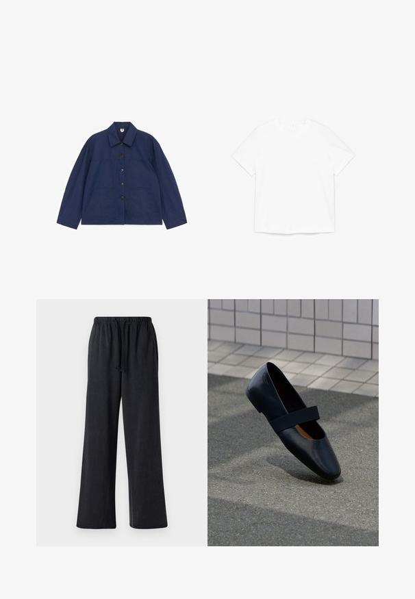 Marineblå jakke med knapper, lange ærmer, to forlommer og en klassisk krave, lagt ud fladt på en hvid baggrund.; Hvid kortærmet T-shirt med rund hals lagt fladt på en hvid baggrund.; Sorte, vide benbukser lavet af blødt stof med elastisk talje og snøre. Har en glat overflade og ingen synlige mønstre.; Sort læder flad sko med rund tå, der har en blød sort elastisk strop over vristen. Glat tekstur og minimalistisk design.
