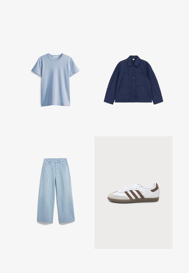 Marineblaue Jacke mit langen Ärmeln, zwei aufgesetzten Fronttaschen und klassischem Kragen, flach auf weißem Hintergrund liegend.; Himmelblaues Baumwoll-T-Shirt mit rundem Halsausschnitt und kurzen Ärmeln. Glatte Textur und gerader Saum, einfaches und klassisches Design.; Helle blaue weite Jeans aus Denim, mit hoher Taille, Fronttaschen und subtiler Verwaschung. Geschlossen mit einem Knopfverschluss und Gürtelschlaufen.; Weißer und brauner Adidas Samba Sneaker mit drei braunen Streifen, Schnürsenkeln und strukturierter Sohle, von der Seite auf einem einfarbigen Hintergrund gezeigt.