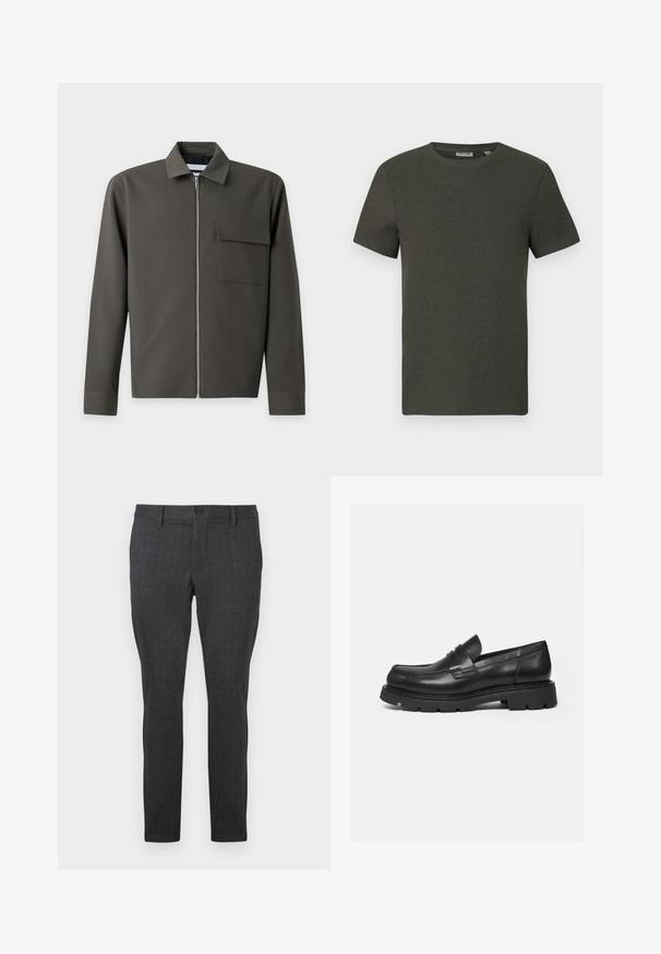 Veste verte foncée à manches longues avec une fermeture éclair à l'avant, un col pointu et une poche à rabat sur la poitrine gauche.; T-shirt à manches courtes vert foncé avec un col rond, fabriqué en tissu côtelé ; présente un design simple et minimaliste sans motifs.; Pantalon gris foncé avec un motif texturé, coupe slim, taille standard avec un bouton unique, et jambes droites, conçu pour un look moderne.; Mocassin en cuir noir avec semelle épaisse crantée et détail de bride penny, présenté en profil droit sur fond blanc.