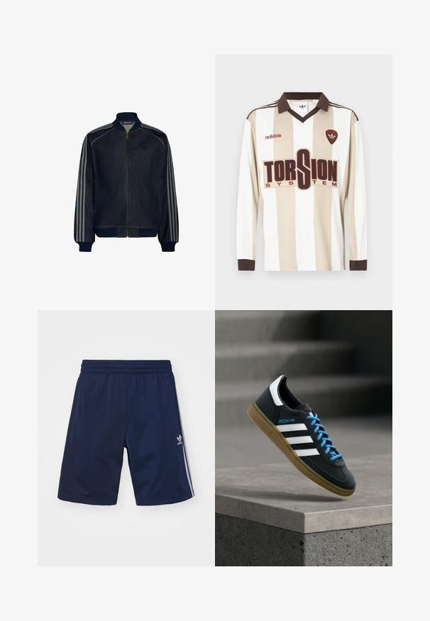 Dunkelblaue Trainingsjacke mit Reißverschluss, geripptem Kragen und Bündchen, mit drei hellgrauen Streifen entlang jedes Ärmels.; Langärmliges Fußballtrikot in Beige mit weißen Streifen; verfügt über einen braunen Kragen und Bündchen, ein großes rotes "TORSION SYSTEM"-Logo und adidas-Branding.; Marineblaue Sportshorts aus leichtem Material, mit einem elastischen Bund und drei weißen Streifen an den Seiten. Adidas-Logo sichtbar.; Schwarzer Adidas-Sneaker mit weißen Streifen, blauen Schnürsenkeln und Gummisohle, der über einer grauen Betontreppe im weichen Licht schwebt.