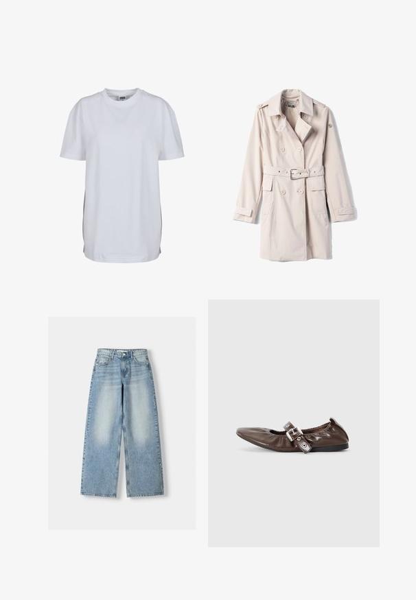 Camomilla Italia TAIRA - Trenchcoat - beige plain; Effen wit T-shirt met korte mouwen en ronde hals, met een rechte zoom en een klein zichtbaar merklabel binnenin de kraag.; Lichtblauwe denim wijde jeans met een hoge taille, met een vervaagde afwerking, vijf zakken en een rechte cut.; Bruine gepatineerde leren ballerina met een spitse neus, elastische strikdetail en een zilveren gespaccent aan de zijkant. Zwarte rubberen zool.