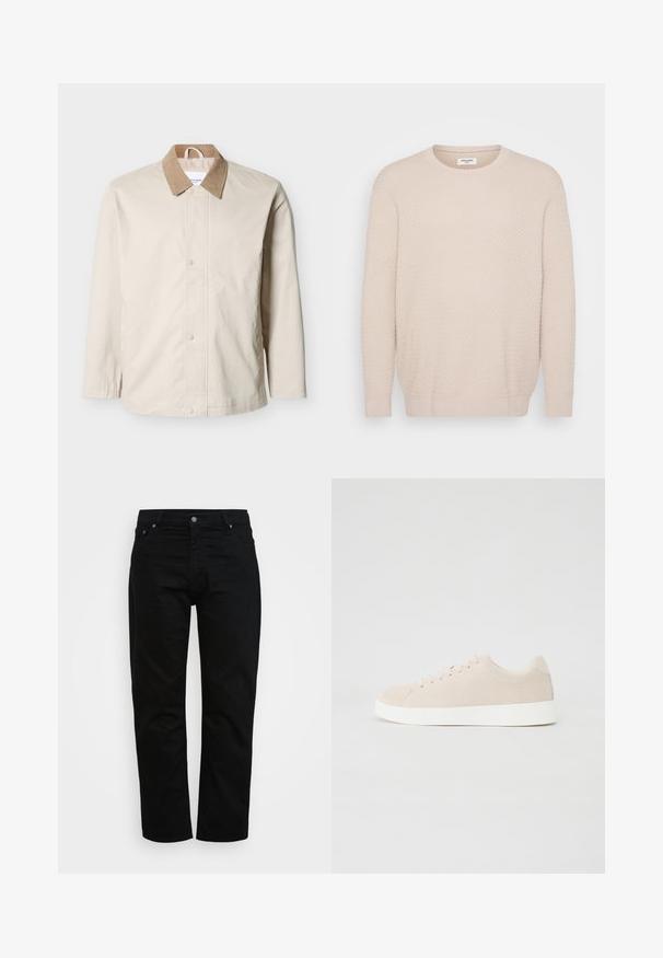 Beige letvægtsjakke med tan fløjlskrave, trykknapper foran og lange ærmer på hvid baggrund.; Lys beige sweater med et tekstureret mønster, rund halsudskæring og lange ærmer. Ribbet manchetter og kant for en tætsiddende finish. Blødt materiale.; Sorte jeans lavet af bomuld, med klassisk snit, fem-lomme design og metalknaplukning. Glat tekstur med lige ben.; Beige ruskindsneakers med hvide gummisåler, rund tå og seks snøringshuller. Glat tekstur med minimalisk design.