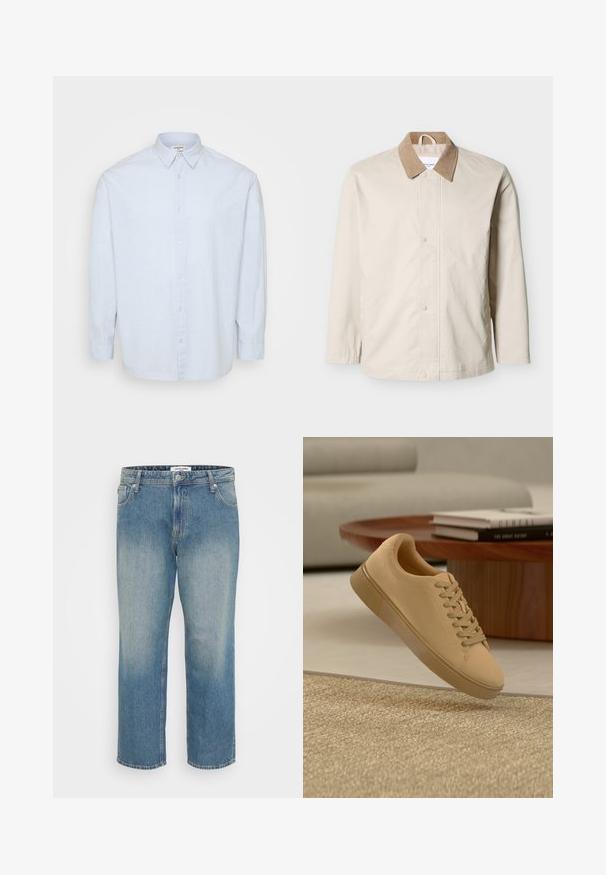 Beige lichtgewicht jack met een beige corduroy kraag, voorzijde met drukknoopsluiting en lange mouwen op een witte achtergrond.; Lichtblauwe overhemd met lange mouwen van zacht materiaal, met een klassieke kraag en een rechte snit met knopen aan de voorkant.; Rechte blauwe denim jeans met een vervaagde voorkant, ontwerp met vijf zakken, knoop- en ritssluiting en riemlussen.; Beige vetersneaker die boven een gestructureerd tapijt zweeft, met een houten salontafel en gestapelde boeken op een wazige achtergrond.