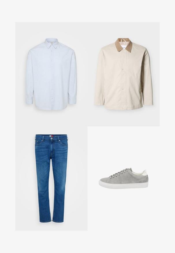 Beige lichtgewicht jack met een beige corduroy kraag, voorzijde met drukknoopsluiting en lange mouwen op een witte achtergrond.; Lichtblauwe overhemd met lange mouwen van zacht materiaal, met een klassieke kraag en een rechte snit met knopen aan de voorkant.; Blauwe denim jeans met een recht gesneden ontwerp, voorzien van een klassieke five-pocket stijl, riemlussen en een knoopsluiting. Subtiele vervaging details.; Lage grijze suède sneaker met witte rubberen zool en witte hielkap, voorzien van bijpassende grijze veters en een minimalistisch ontwerp.
