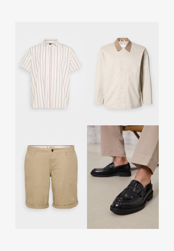 Beige letvægtsjakke med tan fløjlskrave, trykknapper foran og lange ærmer på hvid baggrund.; Kortærmet skjorte med knapper i hvidt stof, der har smalle, lodrette røde striber. Klassisk krave og lige kantdesign.; Lyse khaki shorts med lige snit, lavet af bomuld. Har en enkelt frontknap, sidelommer og oprevne kanter.; Sorte lædermokkasiner med en glat overflade, der har en dekorativ rem og kontraststing, parret med beige bukser.