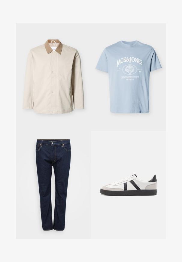 Beige lichtgewicht jack met een beige corduroy kraag, voorzijde met drukknoopsluiting en lange mouwen op een witte achtergrond.; Lichtblauw T-shirt met korte mouwen met witte tekst "JACK & JONES", een schelpafbeelding en de opdruk "Urban Aesthetics for daily use" op de voorkant.; Donkerblauwe denim jeans met een rechte pijpdesign, voorzien van zichtbare stiksels in contrasterend geel, vijf zakken en een knoopsluiting aan de voorkant.; Witte sneaker met zwarte en grijze accenten, voorzien van een grijze neus met textuur, zwarte rubberen zool en platte witte veters. Schoon ontwerp, minimalistische stijl.