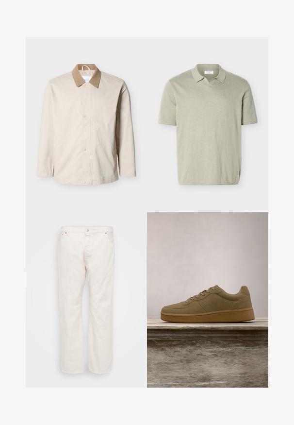 Beige leichte Jacke mit hellbraunem Cordkragen, vorderen Druckknöpfen und langen Ärmeln vor weißem Hintergrund.; Hellbeiges Poloshirt mit kurzen Ärmeln, einem weichen Kragen und ohne Knöpfe, hergestellt aus leichtem Stoff.; Weiße Denim-Jeans mit geradem Schnitt, ausgestattet mit einem Knopfverschluss, Gürtelschlaufen und zwei Seitentaschen. Glatte Textur, minimale Details.; Olivgrüner Sneaker mit Schnürsenkeln schwebt über einer Holzbank, im Hintergrund unscharfes grünes Laub.
