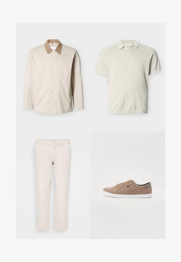 Veste légère beige avec col en velours côtelé beige, boutons-pression à l'avant, et manches longues sur fond blanc.; Polo beige en maille à manches courtes avec col et motif texturé subtil, étalé à plat sur un fond blanc.; Pantalons en coton beige à coupe droite, dotés d'une fermeture à bouton, de passants de ceinture et sans motifs ni textures visibles.; Baskets en toile beige avec un design basse, semelle en caoutchouc blanc et lacets ronds. Présente un accent de talon gris contrastant et un détail de logo.