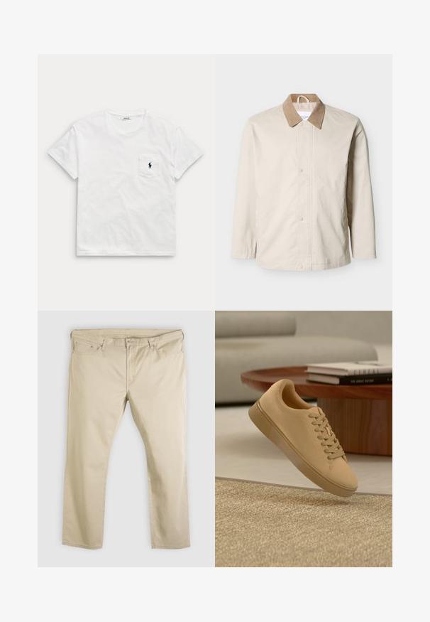 Beige letvægtsjakke med tan fløjlskrave, trykknapper foran og lange ærmer på hvid baggrund.; Hvid t-shirt med korte ærmer og rund hals med en brystlomme, der har en lille mørk polo-spiller-logo.; Beige bukser med lige ben, frontknap og lynlås, bæltestropper og fem lommer, lagt fladt på en hvid baggrund.; Beige snørestøvler, der svæver over et tekstureret tæppe med et træ sofabord og stablede bøger i en sløret baggrund.