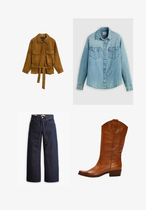 Brun ruskindjakke med lange ærmer, to frontlommer med klap, en krave og et bælte i taljen, vist på en hvid baggrund.; Lyseblå denimskjorte med klassisk krave, knaplukning foran, to brystlommer og manchetter med knap samt en let buet kant forneden.; Bredde ben mørkeblå denim jeans med høj talje, der har snoretræk, fem lommer og kontrastsyet detaljer.; Brune læder cowboystøvle med spids tå, dekorativ syning på forsiden og en lav stablet hæl. Har en trækflap øverst.