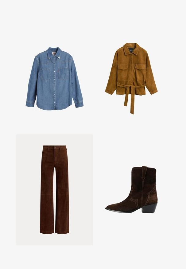 Braune Wildlederjacke mit langen Ärmeln, zwei vorne mit Klappen versehenen Taschen, einem Kragen und einem taillierten Gürtel, auf weißem Hintergrund dargestellt.; Hellblaues Denim-Hemd mit langen Ärmeln, spitzem Kragen, zwei Brusttaschen und kontrastierenden Nähten. Verfügt über ein Design mit Westernstil-Yoke.; Braune Velourlederhose mit geradem Bein, Gürtelschlaufen und Knopfverschluss an der Taille, vor einfachem Hintergrund dargestellt.; Braune Wildleder-Cowboystiefel mit spitzem Zehenbereich, dekorativer Stickerei in geschwungener Form und einem gestapelten Absatz. Mit Zuglasche oben.