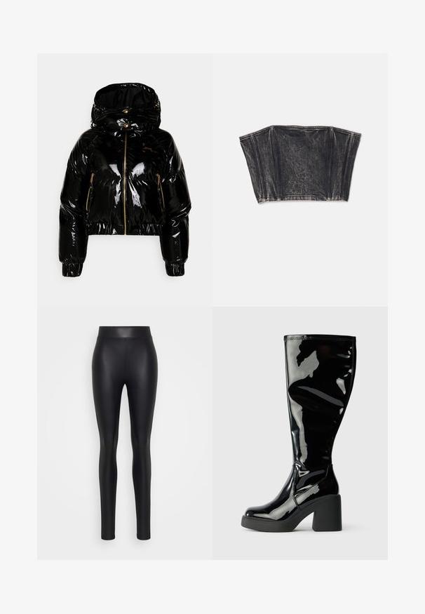 Versace Jeans Couture VARNISH COATED - Untuvatakki - black; Musta denimpuristetun rintaliivin muotoilu, jossa on pystysuorat saumat ja tiukka, lyhyt malli. Rakenteellinen pinta, jossa on hienovaraisia haalistumia.; Mustat tekonahkaleggingsit, joissa on sileä pinta, korkea vyötärö ja vartalonmyötäinen muotoilu, kapeutuessaan nilkoissa.; Polvihkiset mustat patentoidut nahkasaappaat, joissa on sileä, kiiltävä pinta, neliskulmaiset varpaat ja paksut mustat korot. Saumojen yksityiskohtia sivussa.