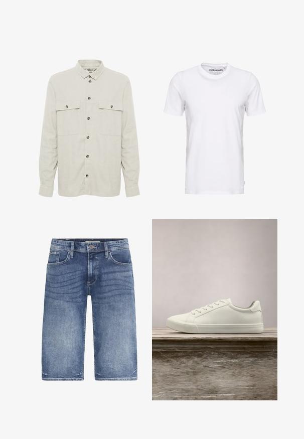 Solid SDALLAN OVERSHIRT LINEN MIX - Veste légère - off white; T-shirt blanc à manches courtes en coton, avec un col rond et un design simple. Étiquette de marque visible au niveau du cou. Aucun motif ni accent.; Shorts en denim bleu clair, avec une coupe classique, cinq poches, fermeture à bouton et un léger dégradé sur le tissu pour une texture.; Sneaker en dentelle blanche flottant au-dessus d'un banc en bois avec un feuillage vert en arrière-plan, mettant en valeur le design et la texture de la chaussure.