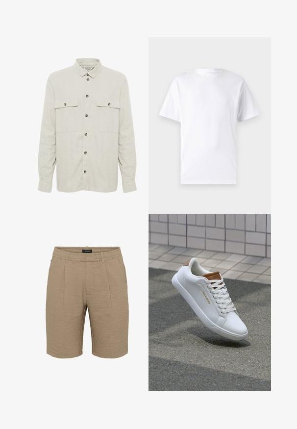 Solid SDALLAN OVERSHIRT LINEN MIX - Chaqueta fina - off white; Camiseta blanca de manga corta hecha de algodón con cuello redondo, que presenta una textura suave y un diseño simple sin patrones ni acentos.; Shorts beige hechos de un tejido texturizado con una superficie arrugada, una cinturilla elástica y dos plisados frontales.; Zapatillas deportivas de cuero blanco con una textura suave, acento marrón en el talón, logo dorado en el lateral y suela de goma con agarre texturizado.
