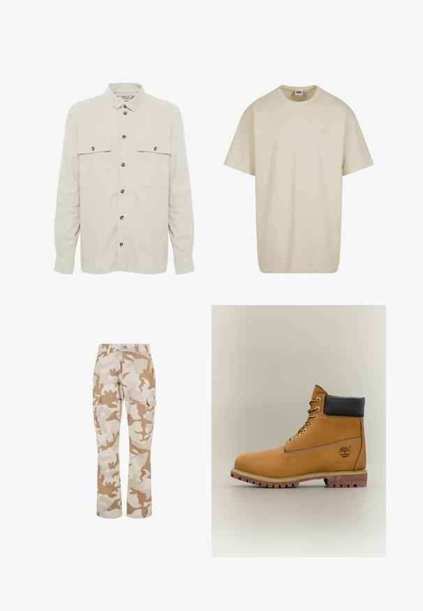 Solid SDALLAN OVERSHIRT LINEN MIX - Καλοκαιρινό μπουφάν - off white; Φωτεινό μπεζ βαμβακερό T-shirt με κοντά μανίκια, στρογγυλή λαιμόκοψη και άνετη εφαρμογή. Το ύφασμα φαίνεται λείο χωρίς ορατά σχέδια ή διακοσμητικά στοιχεία.; Μπεζ παραλλαγής cargo παντελόνι με πλευρικές τσέπες, κατασκευασμένο από ύφασμα με λεία υφή, με ίσια γραμμή και κουμπωτή κλείσιμο.; Καφέ δερμάτινο μποτάκι αστραγάλου με μαύρο γιακά, κίτρινα κορδόνια και ταμπά σόλα. Διαθέτει λογότυπο και λευκή ραφή για λεπτομέρεια. Ανθεκτική εξωτερική σόλα με τραχύ πέλμα.
