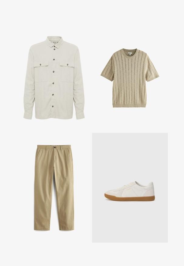 Solid SDALLAN OVERSHIRT LINEN MIX - Lichte jas - off white; Beige kortemouwen gebreide trui met verticale geribde strepen, ronde hals en medium maat label binnen de kraag.; Beige broeken van een katoenmix, met een knoopsluiting, twee voorzakken en rechte pijpen met een minimale textuur.; Witte sneaker gemaakt van glad leer met een gumrubberen zool, voorzien van eenvoudige stiksels en een klein gouden logo aan de zijkant.