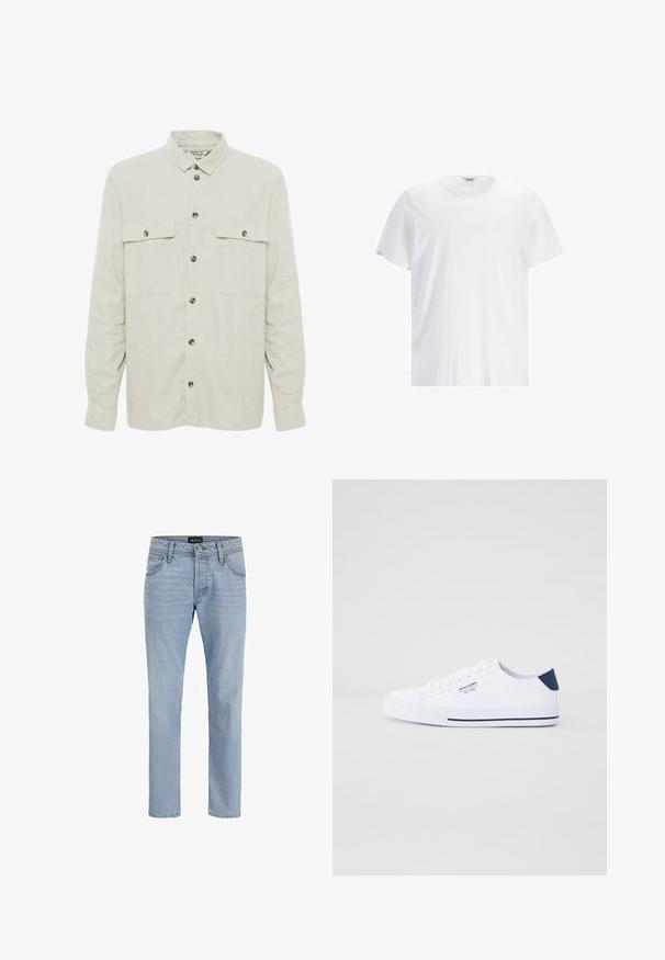 Solid SDALLAN OVERSHIRT LINEN MIX - Leichte Jacke - off white; Weißes Kurzarm-T-Shirt aus Baumwolle. Mit rundem Halsausschnitt und einem dezenten Logo auf der Vorderseite. Sanfte Textur und lockere Passform.; Helle blaue Denim-Jeans mit schlankem Schnitt, Fünf-Taschen-Design, subtiler verblasster Textur und Metallbeschlägen am Reißverschluss und der Knopfleiste.; Weiße Canvas-Sneaker mit navyblauem Fersenakzent, flacher Gummisohle, runder Zehenpartie und weißen Schnürsenkeln. Mit Logo an der Seite.