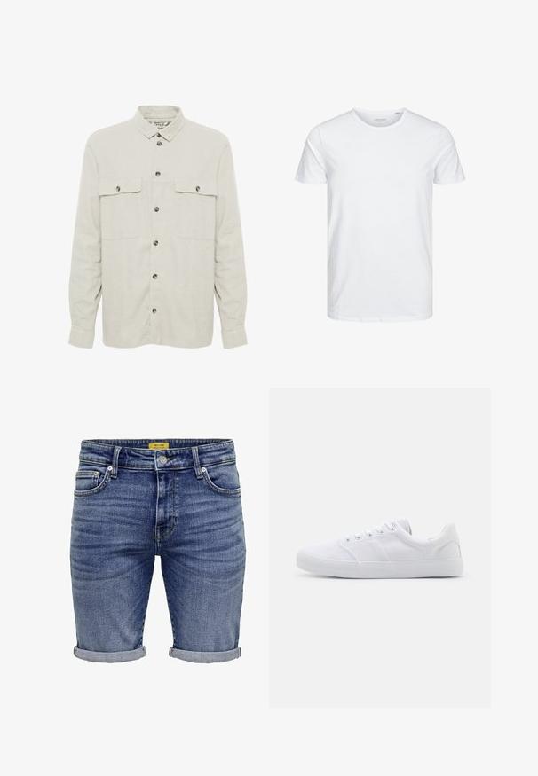 Solid SDALLAN OVERSHIRT LINEN MIX - Let jakke / Sommerjakker - off white; Rundhals kortærmet t-shirt i ensfarvet hvid, lavet af blød bomuld, har et simpelt design uden synlige mønstre eller detaljer.; Denimshorts i mellemblå. Har et klassisk fem-lomme-design, oprullede manchetter og subtil falming på stoffet. Metalbeslag inkluderet.; Hvide lærreds sneakers med gummisål, der har seks snørehuller, en struktureret tåkap og et minimalistisk design.