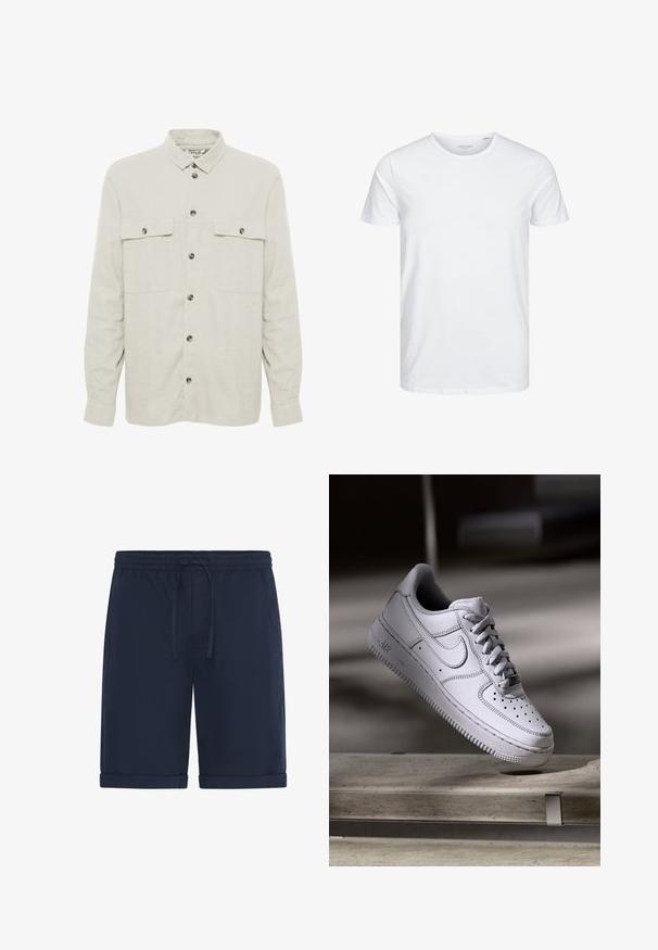 Solid SDALLAN OVERSHIRT LINEN MIX - Καλοκαιρινό μπουφάν - off white; Μπλούζα κοντομάνικη με στρογγυλή λαιμόκοψη σε λευκό χρώμα, φτιαγμένη από απαλό βαμβάκι, διαθέτει απλό σχέδιο χωρίς ορατά μοτίβα ή διακοσμητικά.; Σκούρο μπλε σορτς από ελαφρύ ύφασμα, με ελαστική μέση και κορδόνι, και διπλωμένα μανσέτα. Ομαλή υφή, casual σχεδιασμός.; Λευκό δερμάτινο αθλητικό παπούτσι Nike Air Force 1 με διάτρητο μπροστινό μέρος, επίπεδα κορδόνια και υφή στην καουτσούκ σόλα με το λογότυπο "AIR" στην πλευρά.