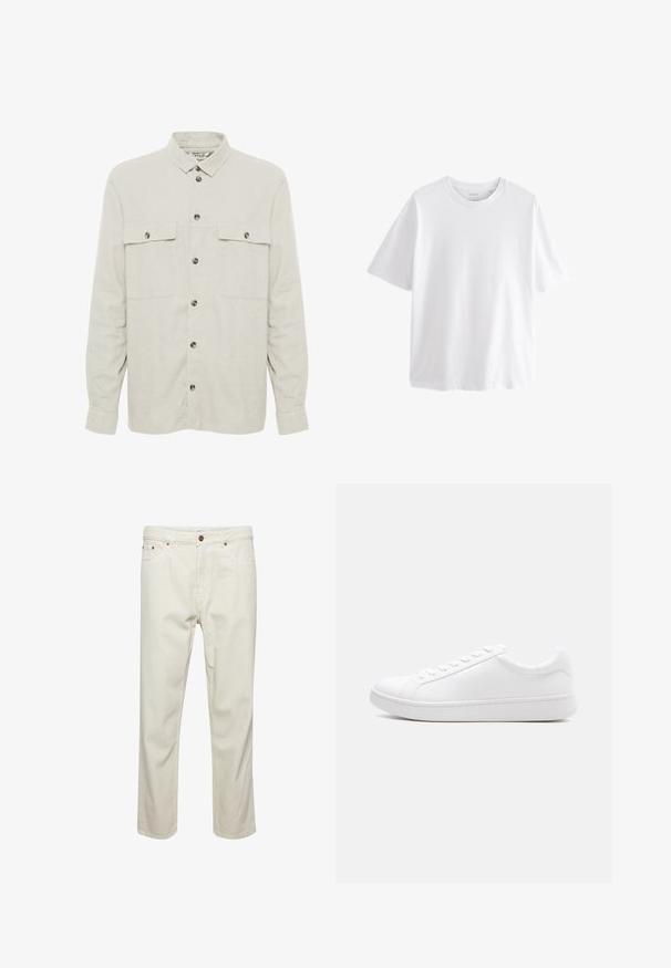 Solid SDALLAN OVERSHIRT LINEN MIX - Chaqueta fina - off white; Camiseta blanca lisa de manga corta y cuello redondo con un ajuste relajado sobre un fondo blanco.; Pantalones de algodón beige con corte recto, cinco bolsillos, cierre de botón y detalles de costura sutiles. Textura uniforme sin patrones visibles.; Zapatilla blanca de cuero liso con cierre de cordones, diseño bajo y suela gruesa de caucho, vista lateral sobre un fondo liso.