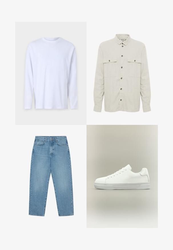 Solid SDALLAN OVERSHIRT LINEN MIX - Letná bunda - off white; Biela dlhá tričko s dlhým rukávom vyrobené z jemnej bavlny, s okrúhlym výstrihom a diskrétnymi švovými detailmi na prednej strane a pleciach.; Svetlomodré riflové nohavice so strihom s rovnými nohavicami, dizajnom s piatimi vreckami a mierne vyblednutou textúrou. Majú zapínanie na gombík a zips.; Biela nízka teniska s predným zaväzovaním na šnúrky, polstrovaným golierom a textúrovanou gumovou podrážkou, zobrazená v bočnom profile na neutrálnom pozadí.