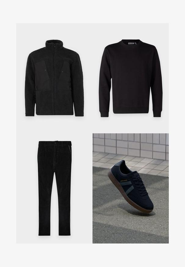 Sort fleecejakke med høj krave, der har glatte frontpaneler, lynlåslommer og et struktureret stof for varme.; Sort sweatshirt lavet af glat bomuldsblanding, med rund hals, lange ærmer og ribstrikkede manchetter og kant. Ingen mønstre eller accenter synlige.; Sorte fløjlsbukser med vertikal ribstruktur, med klassisk knap- og lynlås-lukning, sidelommer og ben med lige snit.; Sort sneaker med struktureret overflade, mørkegrønne striber og brun gummisål. Har snøringer og branding på siden.