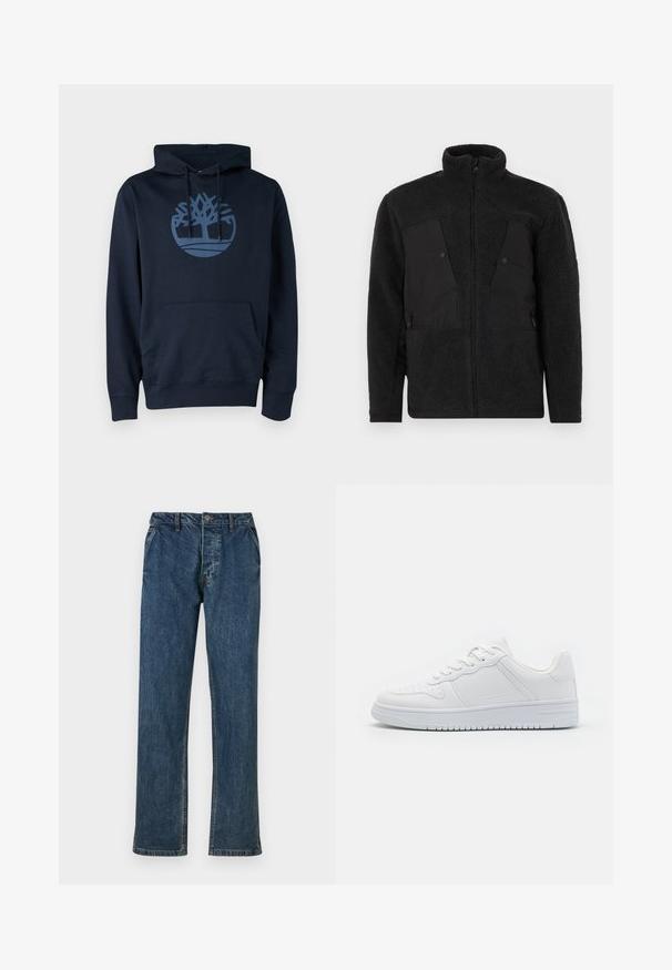 Zwarte fleecejack met een hoge kraag, voorzien van gladde voorpanelen, ritszakken en een gestructureerde stof voor warmte.; Navyblauwe hoodie van een mengsel van katoen, met een voorzak en een rond boomlogo in een lichtere blauw op de borst.; Blauwe denim jeans met een rechte broekspijpen, vijf zakken ontwerp en een knoopsluiting. De stof heeft een subtiele textuur met vervaagde accenten.; Witte sneakers van glad synthetisch materiaal, met platte veters, geperforeerde neus en een rubberen zool met een gestructureerd grippatroon.