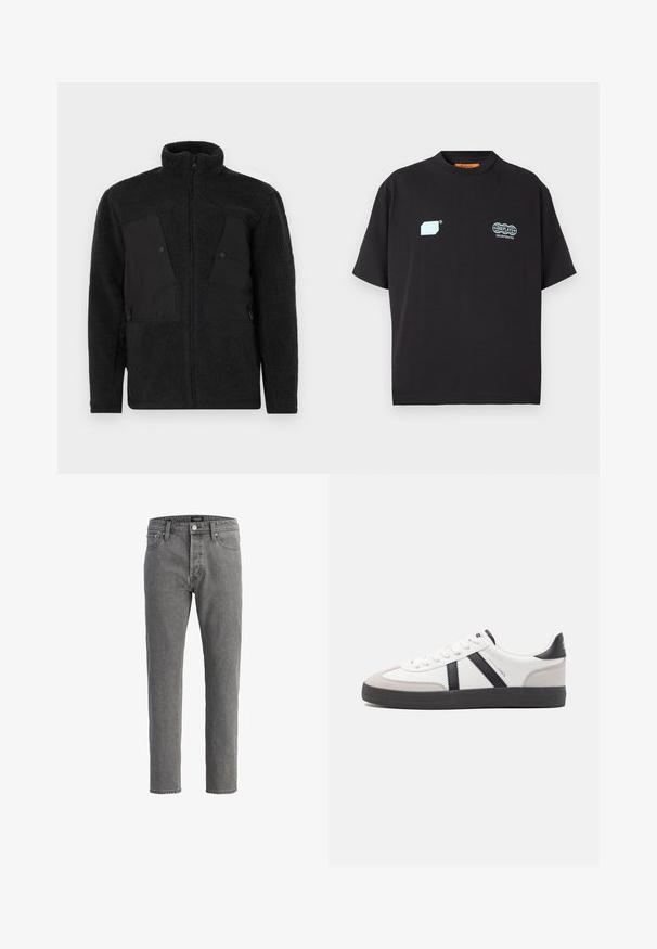 Schwarze Fleecejacke mit hohem Kragen, die glatte Vorderteile, mit Reißverschlüssen versehene Taschen und einen strukturierten Stoff für Wärme aufweist.; Schwarzes T-Shirt mit kurzen Ärmeln, hellblauen geometrischen Mustern und Replay Incorporated Logos auf der Brust, Rundhalsausschnitt und einem orangefarbenen Etikett im Kragen.; Graue Jeans aus Denim mit geradem Schnitt, fünf Taschen und Metallknopfverschluss. Der Stoff hat eine weiche, strukturierte Oberfläche.; Weiße Sneaker mit schwarz- und grau-aczenten, ausgestattet mit einer strukturierten grauen Zehenkappe, schwarzer Gummi-Sohle und flachen weißen Schnürsenkeln. Sauberes Design, minimalistische Stil.