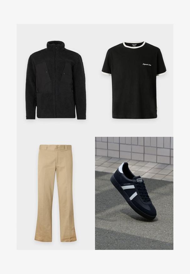 Chaqueta de forro polar negra con cuello alto, que presenta paneles frontales lisos, bolsillos con cremallera y una tela texturizada para mayor calidez.; Jack & Jones T- - Camiseta básica - black; Pantalones acampanados beige fabricados con una mezcla de algodón, que cuentan con un cierre de botón, pasadores para cinturón y un frente plano con textura suave.; Zapatilla de cuero negra con rayas blancas, suela de goma texturizada y parte frontal con cordones. Cuenta con una etiqueta de marca en la lengüeta.