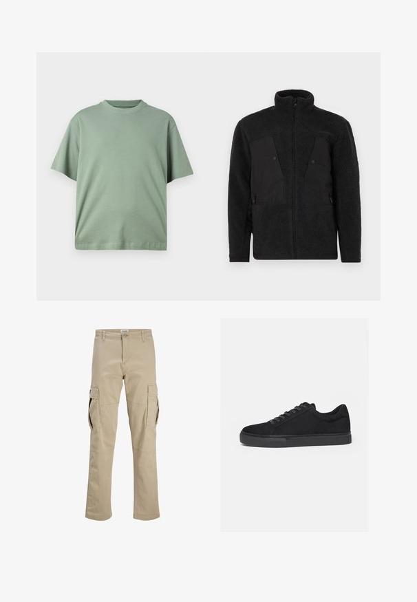 Sort fleecejakke med høj krave, der har glatte frontpaneler, lynlåslommer og et struktureret stof for varme.; Lys grøn kortærmet t-shirt med rund udskæring, lavet af blødt stof. Designet har en afslappet pasform og ingen synlige mønstre.; Beige cargobukser med knaplukning, bæltestropper og store klapkroge på begge lår, vist fladt på en hvid baggrund.; Sort lavtop sneaker med snørelukning foran og flad gummisål, vist fra siden på en hvid baggrund.
