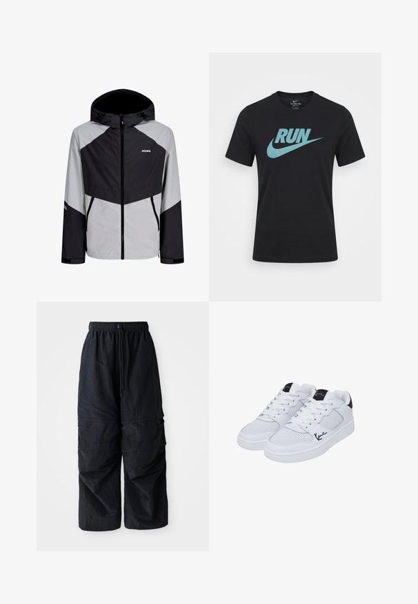 Must ja hall tuulekindel jakk kapuutsiga, esikinnitusega tõmblukuga, diagonaalsete värviliste alade ja elastsete varrukaservadega. Sisaldab logokujundust.; Must Nike Dri-FIT lühikeste varrukatega T-särk, millel on suur türkiissinine "RUN" tekst ja Swoosh-logo rinnal keskel.; Mustad must have elastse pahklpüksid reguleeritava paelaga ja mitme kihilise taskuga jalgadel.; Valged tossud, millel on perforatsiooniga sünteetiline materjal, lamedad paelad ning kontsal must aktsent, mille küljes on musta värvusega allkiri.